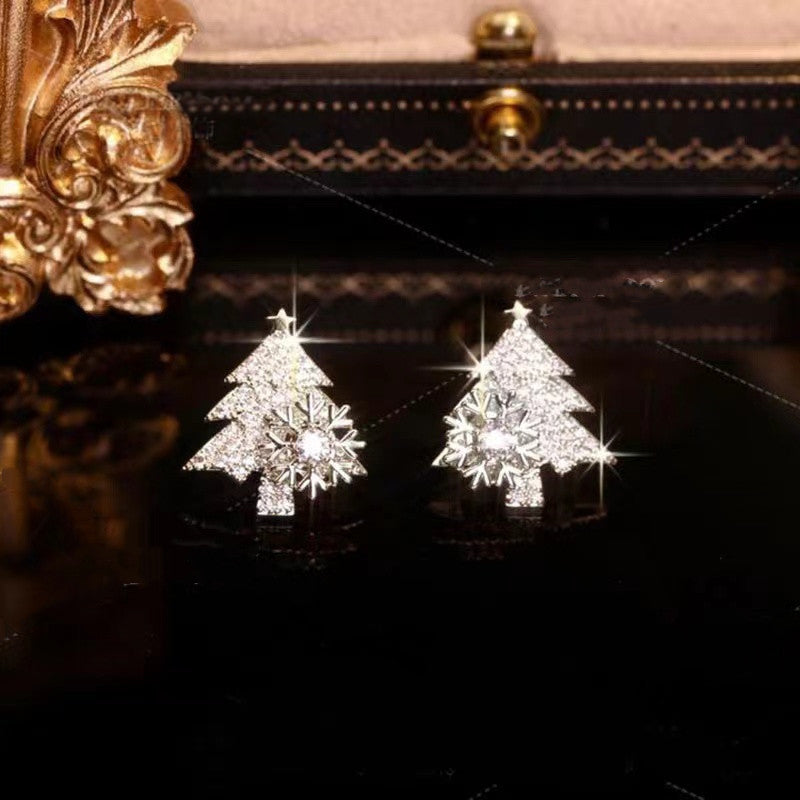 Rotatable Christmas Tree Earrings Shiny Rhinestone Snowflake Stud Earring New Year Xmas Festival Ear Jewelry Gifts Autumn And Winter